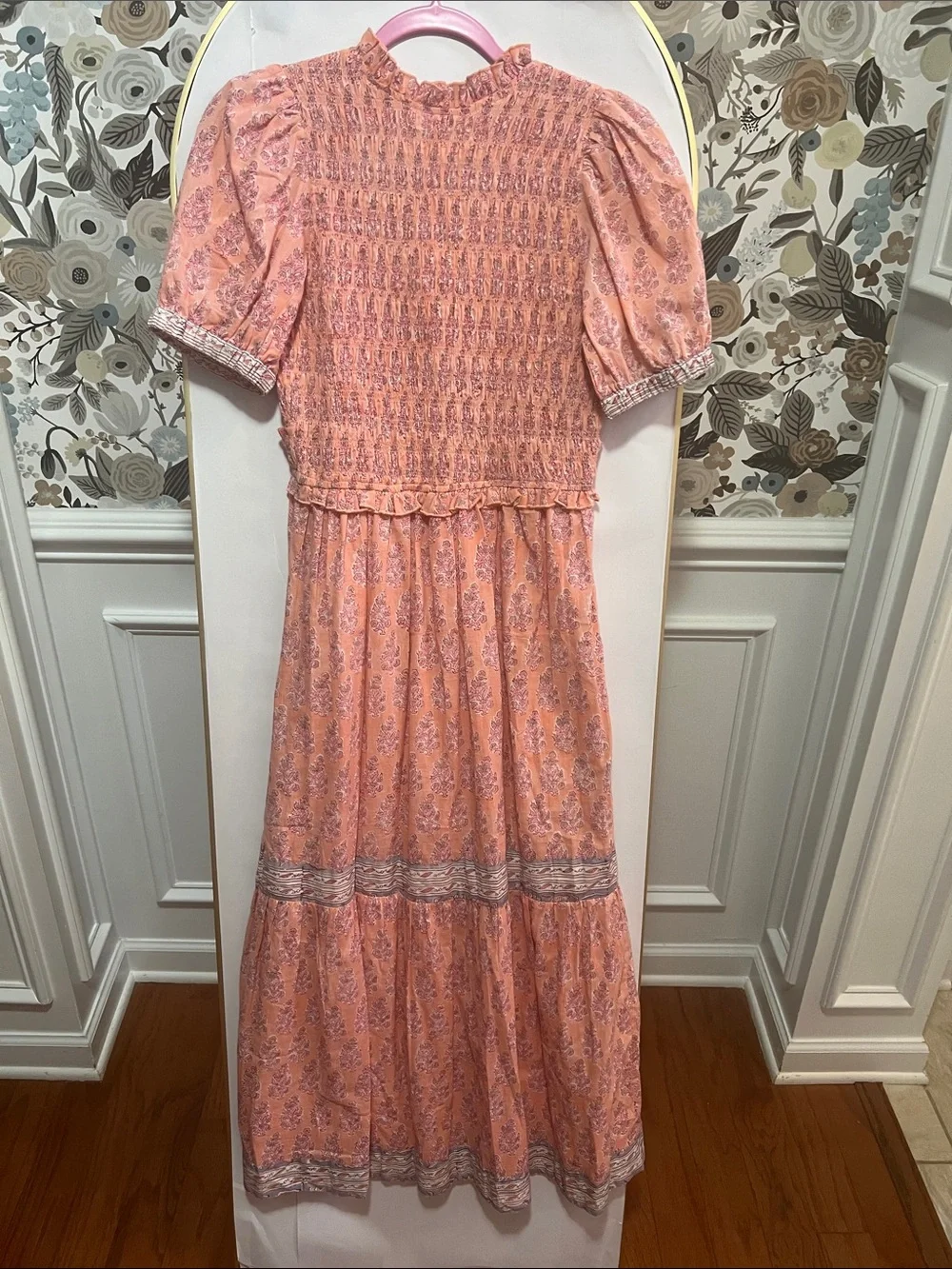Perry walker Peach Floral Smocked Maxi Dress with Ruffle V-Neck - - Picture 4 of 6